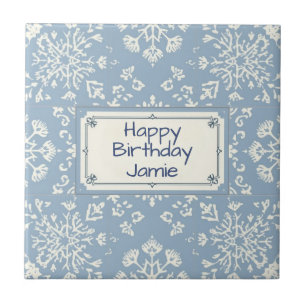 Snowflake pattern blue & white holiday custom name ceramic tile