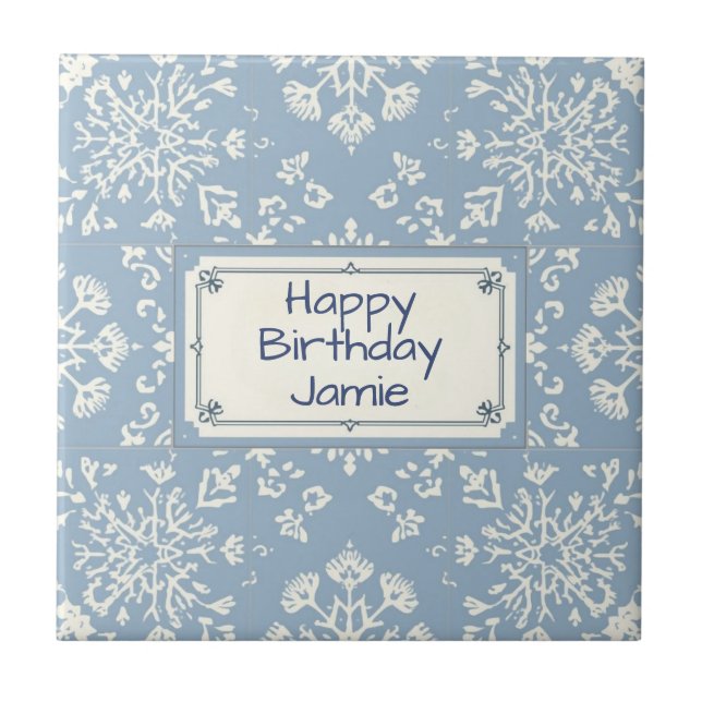 Snowflake pattern blue & white holiday custom name ceramic tile (Front)