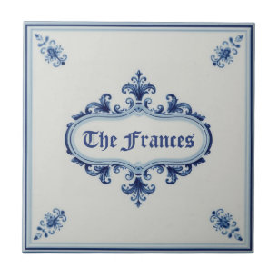 Snowflake pattern blue & white holiday custom name ceramic tile