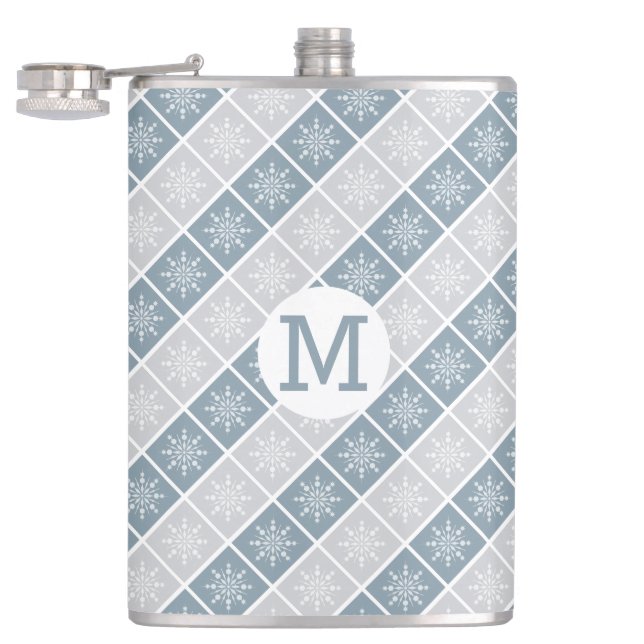 Snowflake pattern custom monogram flasks (Opened)