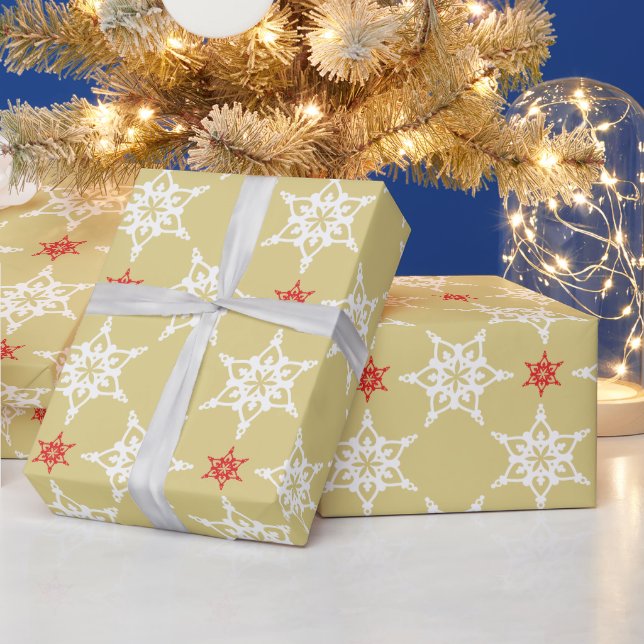SNOWFLAKE PATTERN festive modern minimal red gold Wrapping Paper (Holidays)