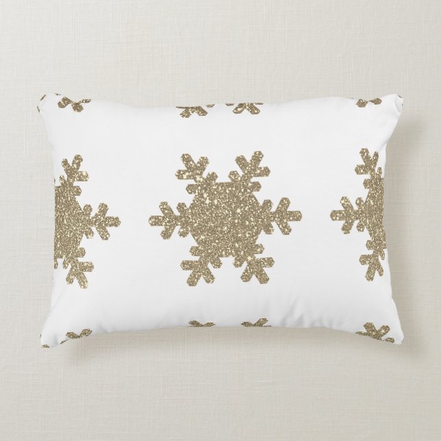 Snowflake Pattern Gold Glitter White Christmas Decorative Cushion (Front)