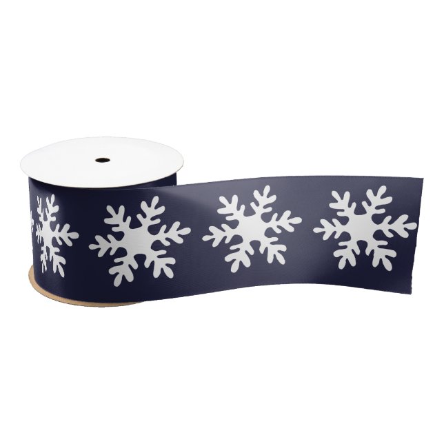 Snowflake Pattern Navy Blue Holiday Satin Ribbon (Spool)