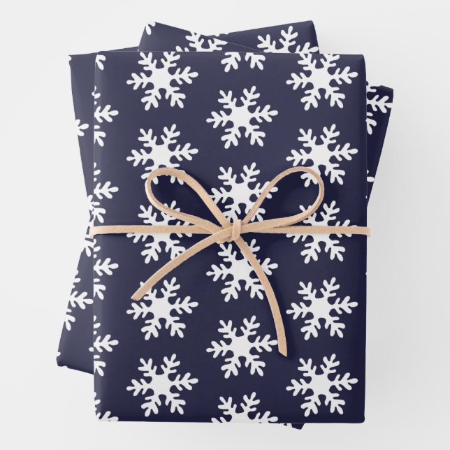 Snowflake Pattern Navy Blue White Holiday Wrapping Paper Sheet (In situ)
