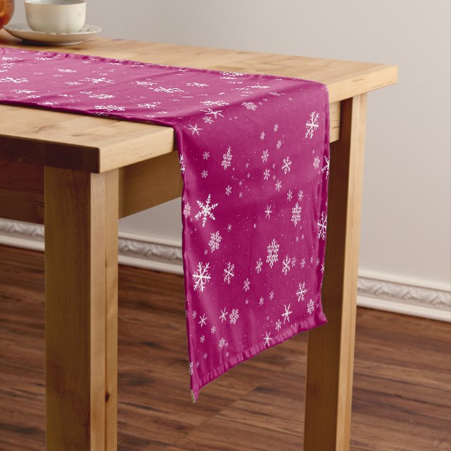 Snowflake Pattern on Purple Christmas Short Table Runner (In Situ)