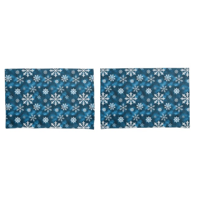 Snowflake Pattern On Wintery Blue Background Pillowcase (Front-Set)