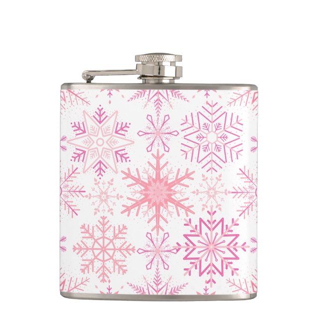 Snowflake pattern Pink Hip Flask (Front)