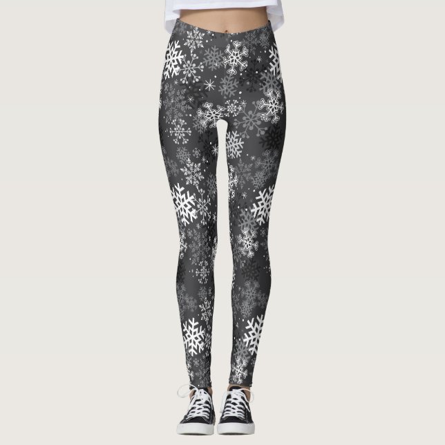 Snowflake Pattern Print Leggings, Grey Leggings (Front)