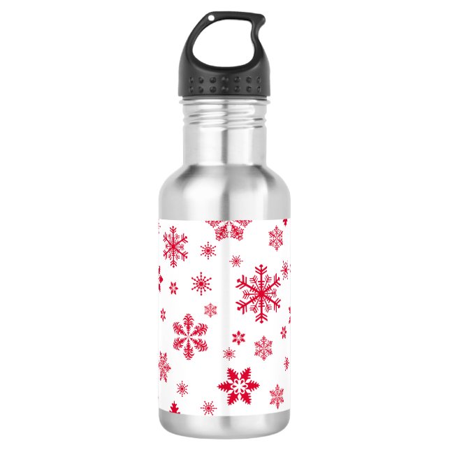Snowflake Pattern, Red Snowflakes, Snow, White 532 Ml Water Bottle (Front)
