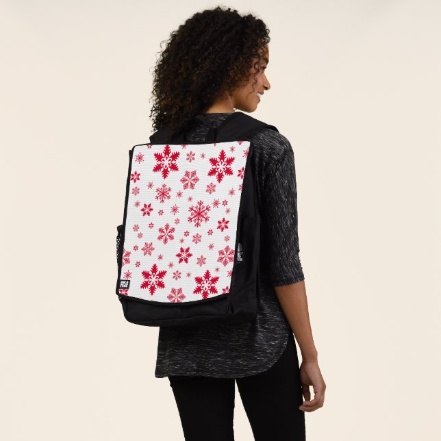 Snowflake Pattern, Red Snowflakes, Snow, White Backpack (Worn)