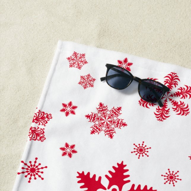 Snowflake Pattern, Red Snowflakes, Snow, White Beach Towel (In Situ)