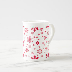 Snowflake Pattern, Red Snowflakes, Snow, White Bone China Mug