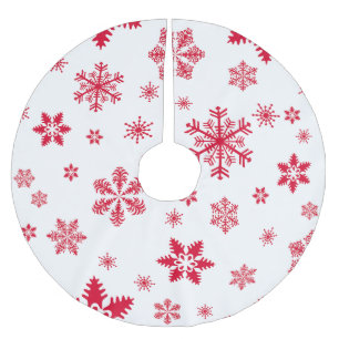 Snowflake Pattern, Red Snowflakes, Snow, White Brushed Polyester Tree Skirt