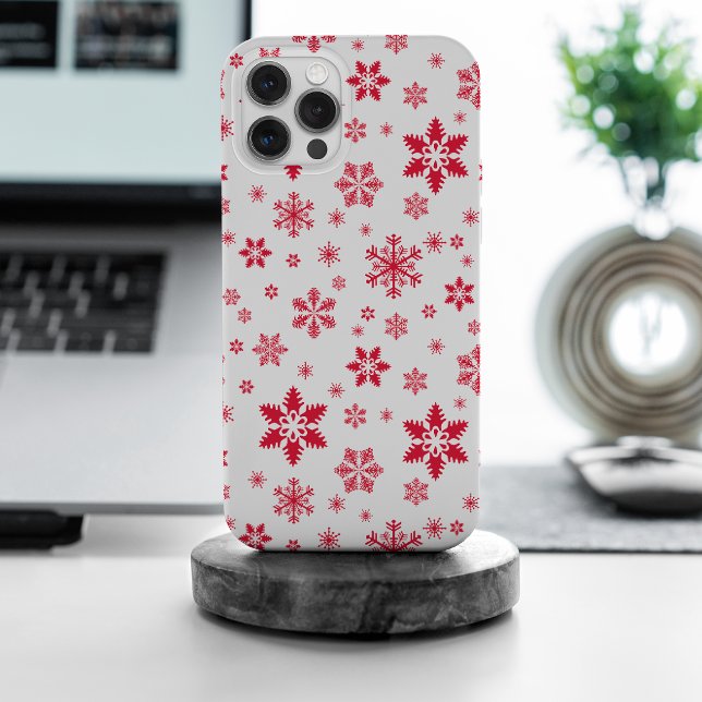 Snowflake Pattern, Red Snowflakes, Snow, White Case-Mate iPhone Case (Creator Uploaded)