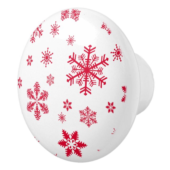Snowflake Pattern, Red Snowflakes, Snow, White Ceramic Knob (Right)