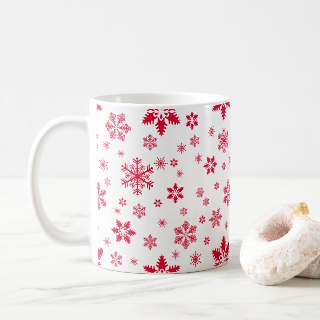 Snowflake Pattern, Red Snowflakes, Snow, White Coffee Mug (With Donut)