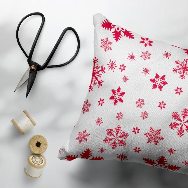 Snowflake Pattern, Red Snowflakes, Snow, White Decorative Cushion (Creator Uploaded)