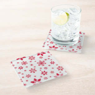 Snowflake Pattern, Red Snowflakes, Snow, White Glass Coaster