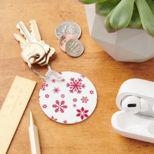 Snowflake Pattern, Red Snowflakes, Snow, White Key Ring (Desk)