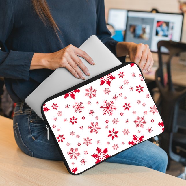 Snowflake Pattern, Red Snowflakes, Snow, White Laptop Sleeve (Creator Uploaded)