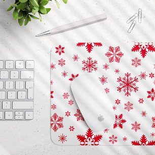Snowflake Pattern, Red Snowflakes, Snow, White Mouse Pad