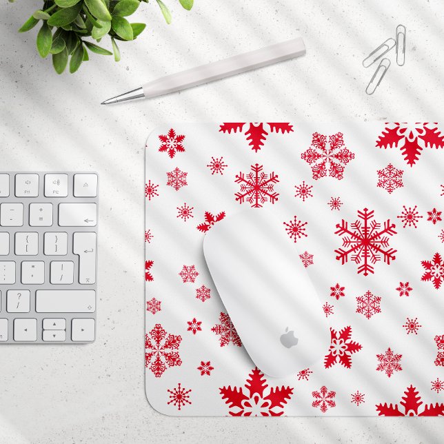 Snowflake Pattern, Red Snowflakes, Snow, White Mouse Pad (Creator Uploaded)