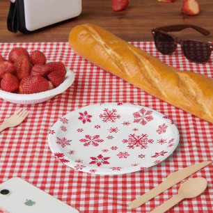 Snowflake Pattern, Red Snowflakes, Snow, White Paper Plate