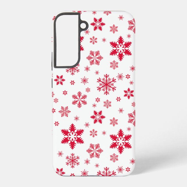 Snowflake Pattern, Red Snowflakes, Snow, White Samsung Galaxy S22+ Case (Back)