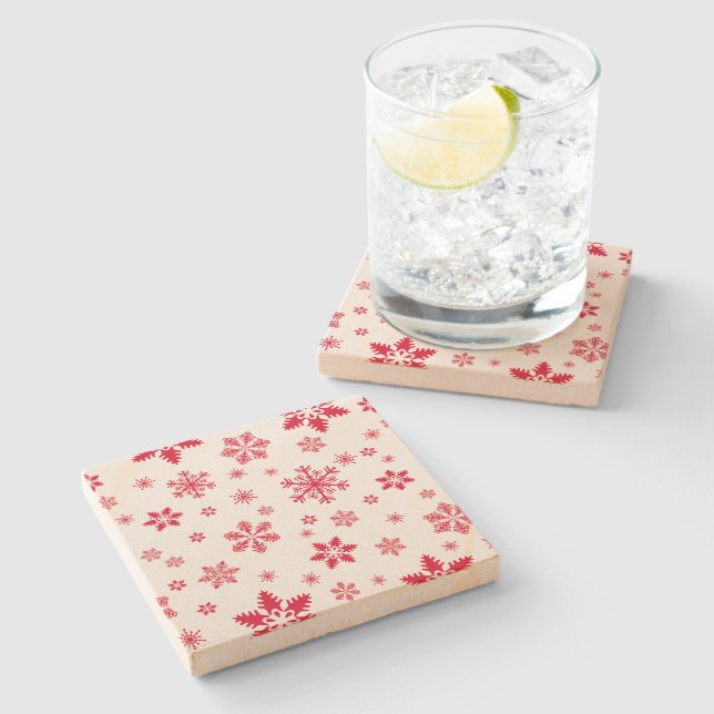 Snowflake Pattern, Red Snowflakes, Snow, White Stone Coaster (Side)
