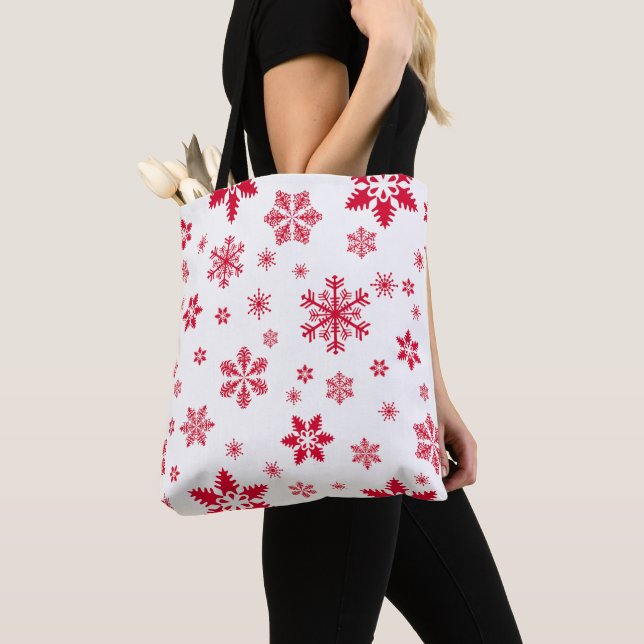 Snowflake Pattern, Red Snowflakes, Snow, White Tote Bag (Close Up)