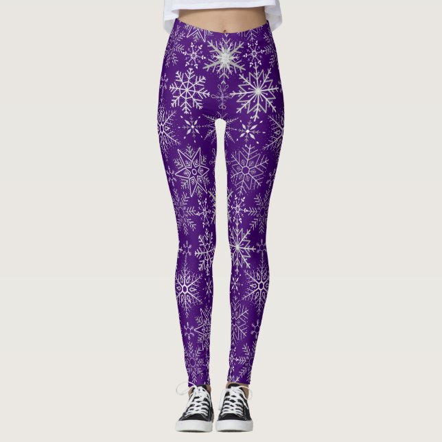 Snowflake pattern White. D Purple BG Leggings (Front)