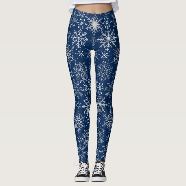Snowflake pattern White.Dark Blue BG Leggings (Front)