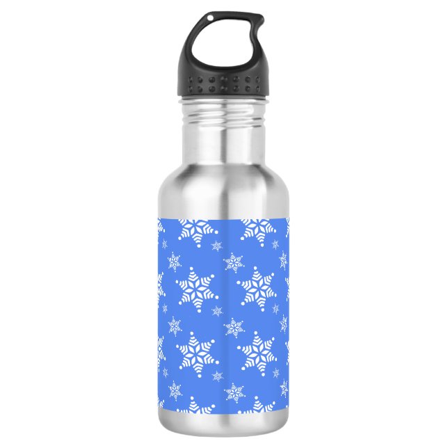 Snowflake Pattern, White Snowflakes, Snow, Blue 532 Ml Water Bottle (Front)