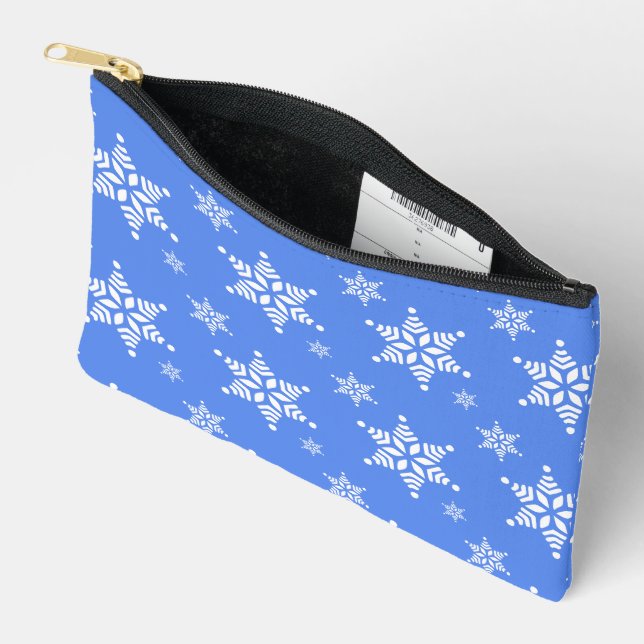 Snowflake Pattern, White Snowflakes, Snow, Blue Accessory Pouch (Open)