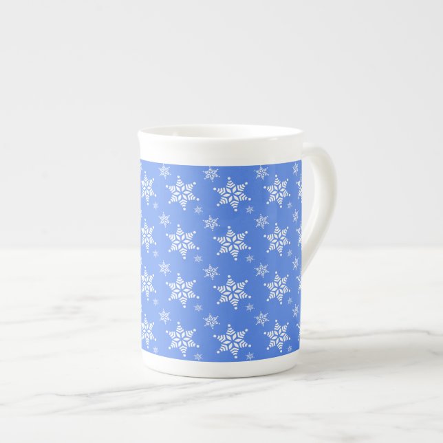 Snowflake Pattern, White Snowflakes, Snow, Blue Bone China Mug (Front Right)