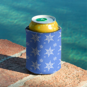 Snowflake Pattern, White Snowflakes, Snow, Blue Can Cooler