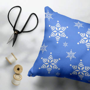 Snowflake Pattern, White Snowflakes, Snow, Blue Decorative Cushion