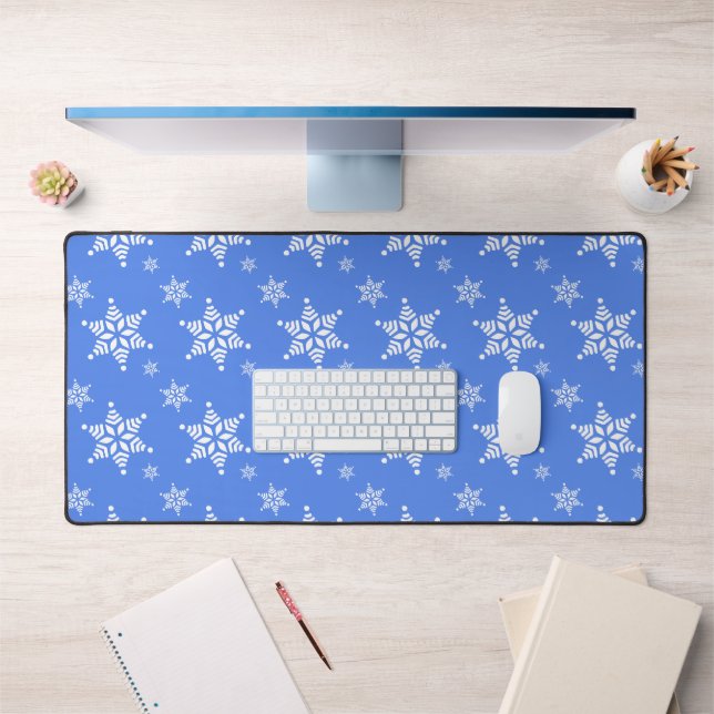 Snowflake Pattern, White Snowflakes, Snow, Blue Desk Mat (Office 1)