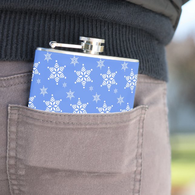 Snowflake Pattern, White Snowflakes, Snow, Blue Hip Flask (In Situ)