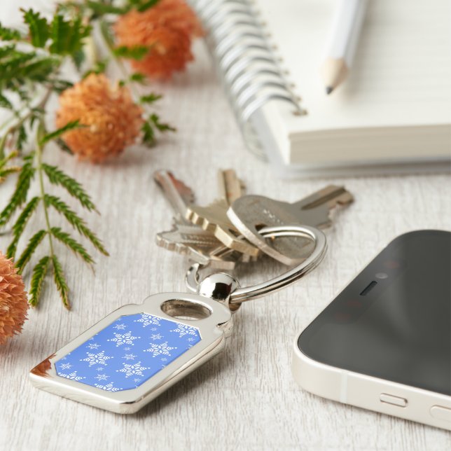 Snowflake Pattern, White Snowflakes, Snow, Blue Key Ring (Side)