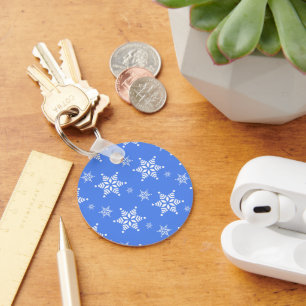 Snowflake Pattern, White Snowflakes, Snow, Blue Key Ring