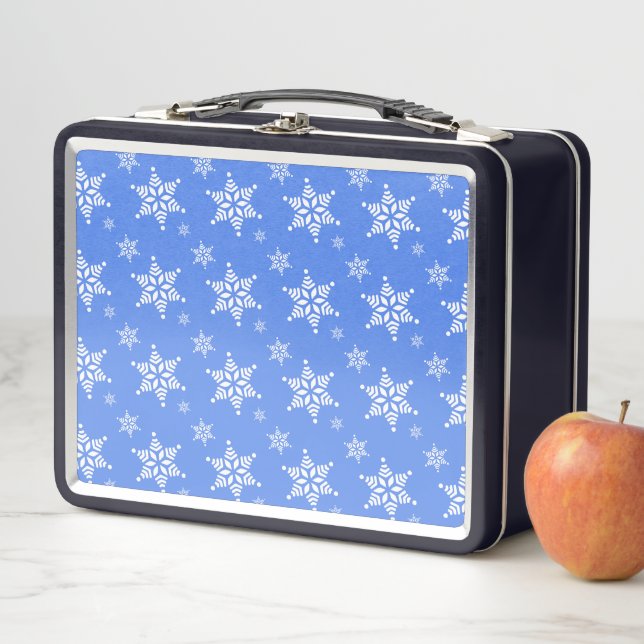 Snowflake Pattern, White Snowflakes, Snow, Blue Metal Lunch Box (In Situ)