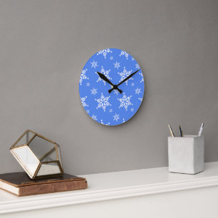 Snowflake Pattern, White Snowflakes, Snow, Blue Round Clock