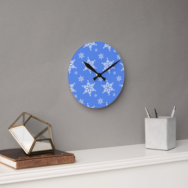 Snowflake Pattern, White Snowflakes, Snow, Blue Round Clock (Office)