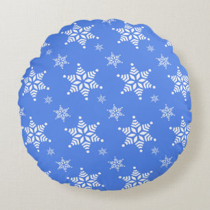 Snowflake Pattern, White Snowflakes, Snow, Blue Round Cushion