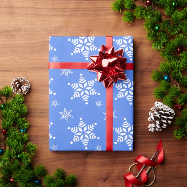 Snowflake Pattern, White Snowflakes, Snow, Blue Wrapping Paper (Holiday Gift)