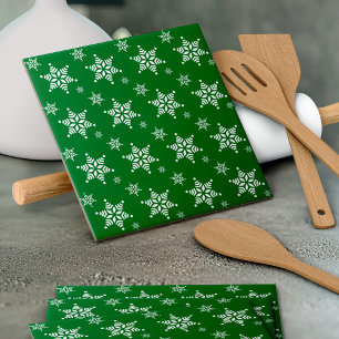 Snowflake Pattern, White Snowflakes, Snow, Green Ceramic Tile