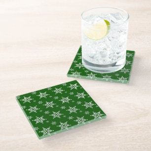 Snowflake Pattern, White Snowflakes, Snow, Green Glass Coaster