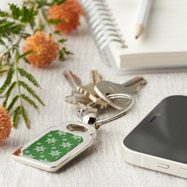 Snowflake Pattern, White Snowflakes, Snow, Green Key Ring (Side)