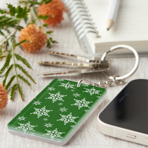 Snowflake Pattern, White Snowflakes, Snow, Green Key Ring
